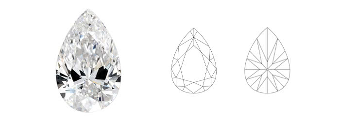 Tre päronslipade diamanter från VANBRUUN, två som illustration och en som riktig diamant