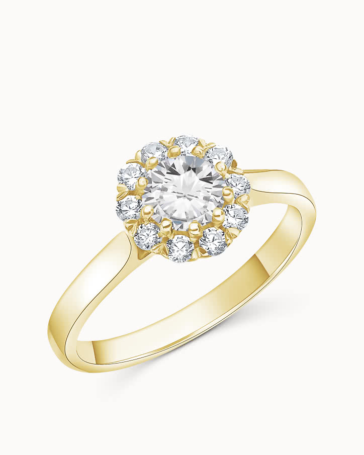 Halo engagement ring with lab-grown diamonds shaped like a flower in gold