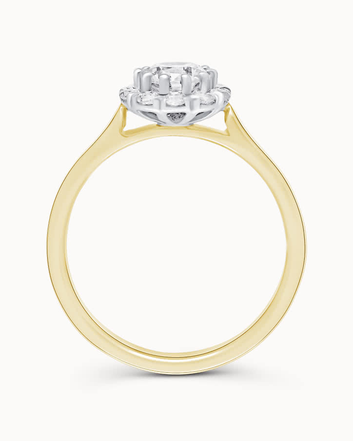 Halo engagement ring with lab-grown diamonds shaped like a flower in gold